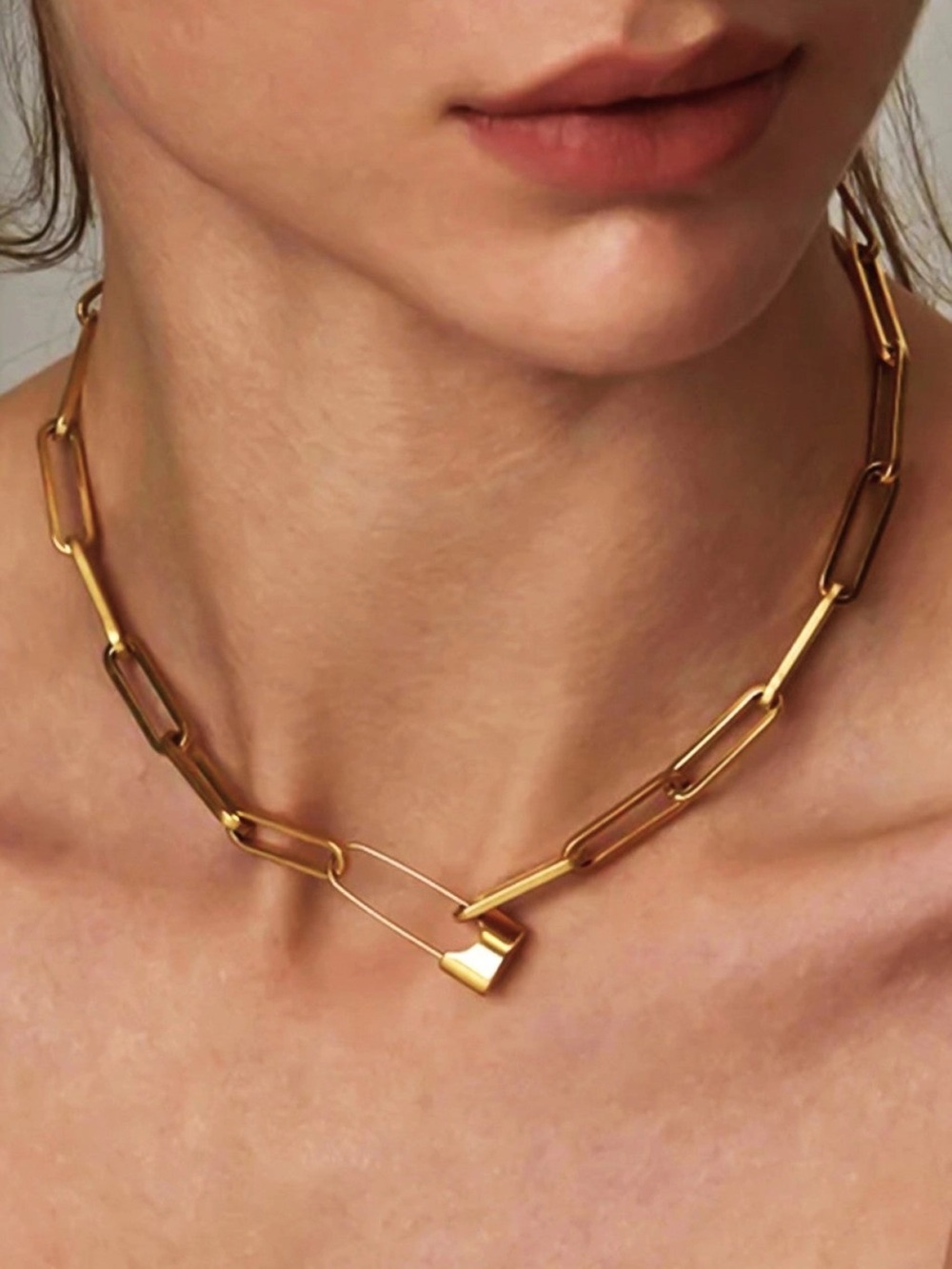 Gold Paperclip Chain Necklace with Safety Pin Detail